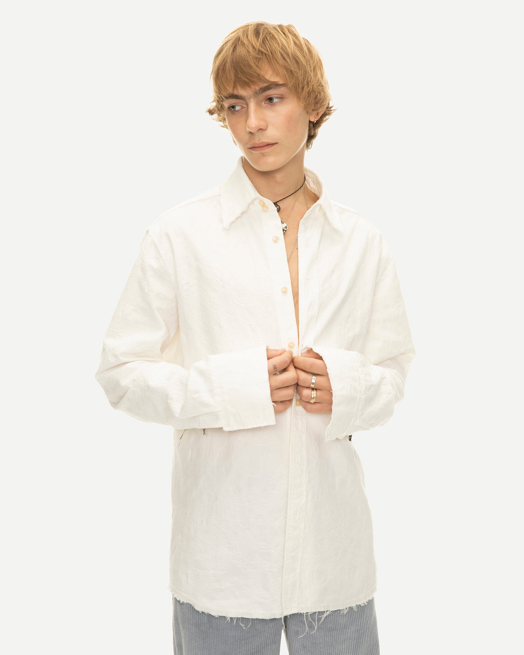 Chemise de luxe pour homme Erevan, à grand col et bords francs, jacquard de coton blanc, fabriquée au portugal