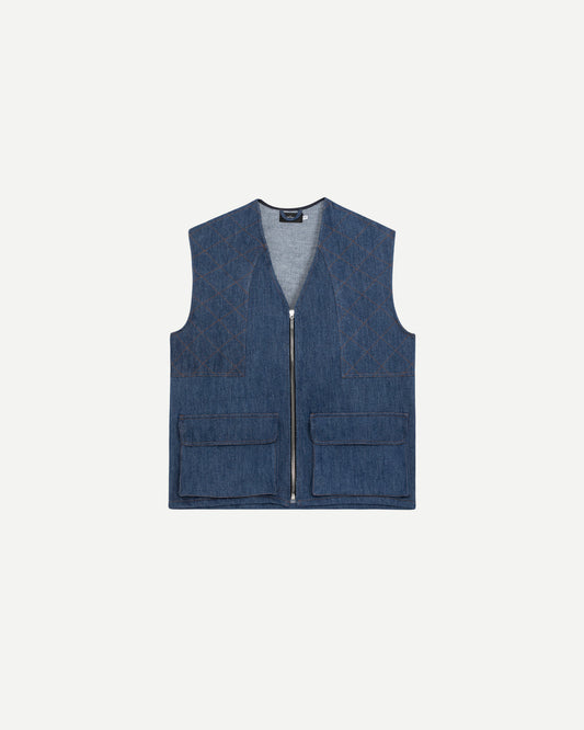 Gilet sans manche de luxe pour homme Erevan, coupe large, deux poches plaquées, en denim, fabriquée en france